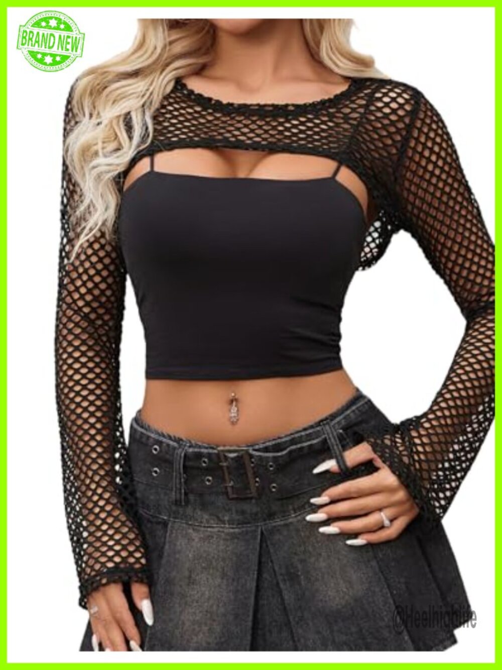 Sheer Fishnet Crop Top Long Sleeve Mesh Y2K Grunge Club Wear